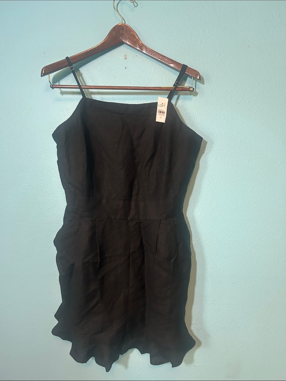 LOFT Black Spaghetti-Strap Adjustable LINEN Ruffle-Hem Mini Romper with zipper